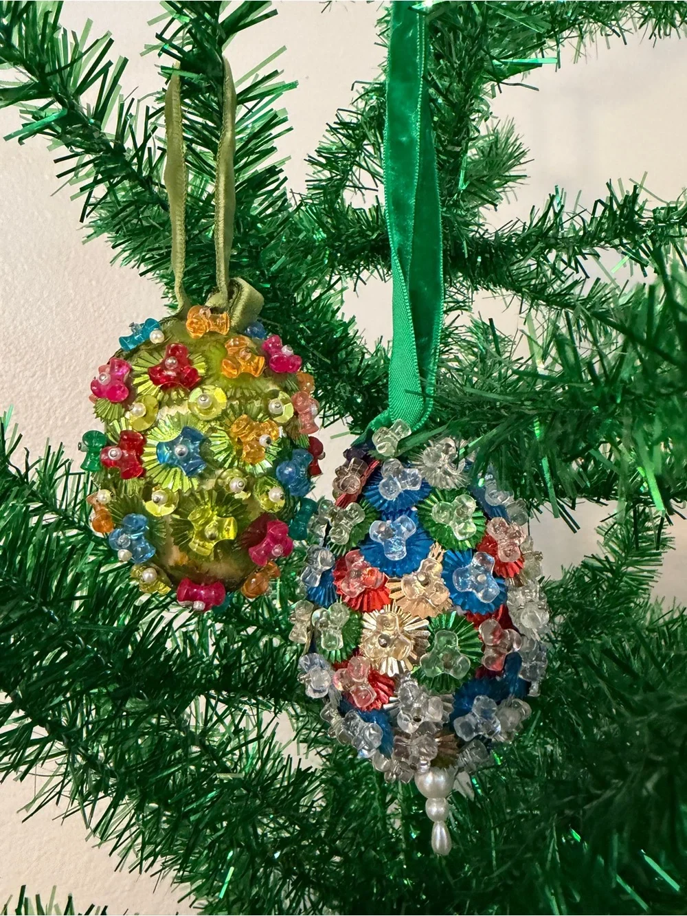 2 Vintage Christmas Beaded Sequin Egg Ornaments Multicolor Floral Retro Hanging